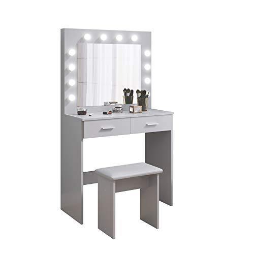 Jooli H Grey Dressing Table Set with LED Lights Mirror, and Stool - We Love Our Beds