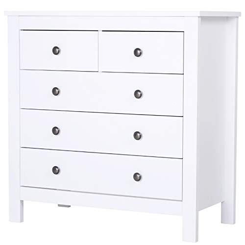Homcom 5 Drawer Chest White Storage Cabinet Unit, for Bedroom - We Love Our Beds