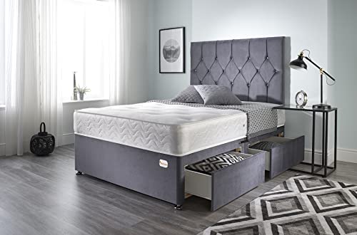 Bed Centre Ziggy Grey Plush Memory Foam Divan Bed Set With Mattress, 2 Drawers (Same Side) and Headboard (Double (135cm X 190cm)) Bed Centre