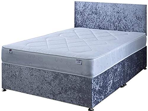 4FT6 Double Silver Crushed Velvet Divan Bed Set Including Deep Quilt Mattress And Headboard In2Bed LTD