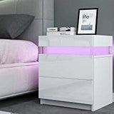 TUKAILAi Bedside Table with LED Light, 2 Drawers and High Gloss Nightstand Bedside Cabinet Table for Bedroom Living Room TUKAILAi