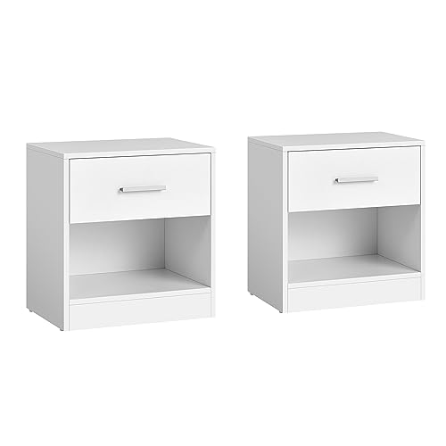 VASAGLE Bedside Tables, Set of 2, Side Table with Drawer, Handle, Open Compartment, End Table, for Bedroom, Living Room, Classic White LET819T14 VASAGLE