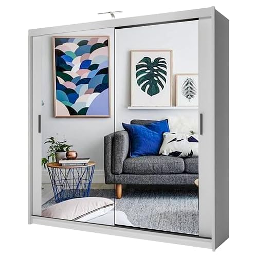 Double Mirror Sliding Door Wardrobe with LED LIGHT 90/120/150/180/203 (White, 203cm) Sliding Wardrobe 4U