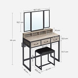 VASAGLE Dressing table with 3-piece folding mirror, hair dryer holder, cosmetic table with padded stool, 3 drawers, industrial design, greige and black, RVT004B02 VASAGLE