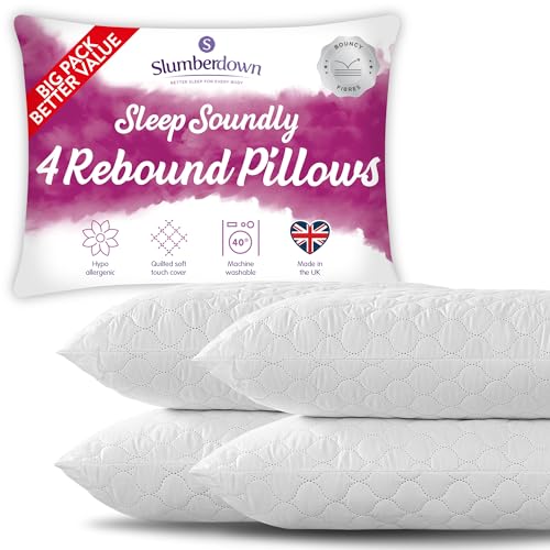 Slumberdown Hotel Quality Pillows 4 Pack - Bouncy Firm Support Side Sleeper Pillow for Neck, Back & Shoulder Pain Relief - Comfy, Soft Touch Quilted Cover, Hypoallergenic, Made in the UK (48 x 74cm) Slumberdown