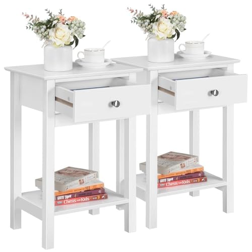 Yaheetech White Bedside Tables Set of 2PCs, Small Side Tables With Drawer, Wooden Nightstands Storage Unit with Shelf for Living Room & Bedroom, 30x40x61cm Yaheetech