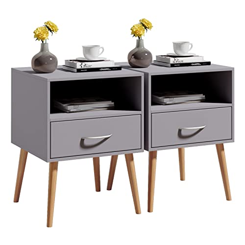 Joolihome Wood Bedside Table Set of 2 Cabinet Storage Nightstands 1 Drawer with Metal Handle, 42 x 42 x 56 cm (Grey, 2) Jooli H