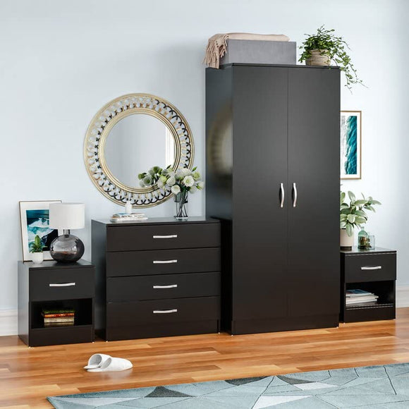 Vida Designs Riano 4 Piece Bedroom furniture Set, 2 x 1 Drawer Bedside cabinets, 4 Drawer Chest of Drawer & 2 Door Wardrobe (Black) Vida Designs