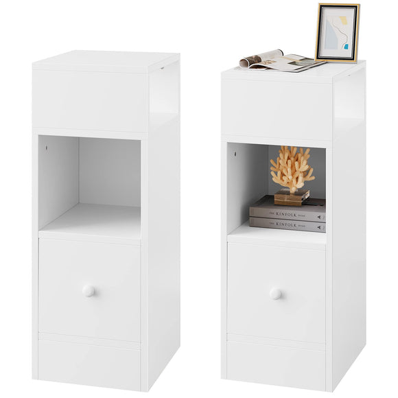 EUGAD 0179ZZ-2 Set of 2 Narrow Bedside Tables with 2 Open Shelves 1 Drawer, Narrow Small Bedside Cabinet in Bedroom, 25 x 66 x 30 cm, Space-Saving, Made of Wood Material, White EUGAD