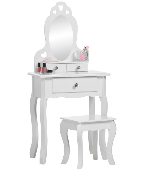 Runesol Girls Dressing Table (Age 3-7yrs) With Mirror and Stool, Children White Wooden, Kids Vanity Table with Crystal Knobs, Childs Dresser, Christmas Girl Gift, Kid Dressing Table Set Runesol
