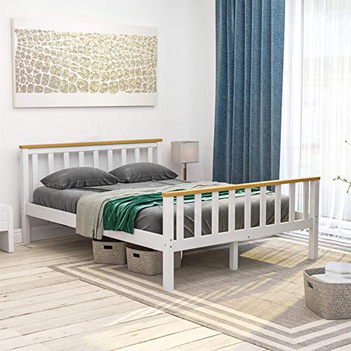 Amazon Basics - Milan Double Bed, Bed Frame, Solid Pine Wood, Headboard, High Foot End Bedroom Furniture, 4ft, White/Pine, 82 x 144 x 196.5 cm (Previously Movian brand) Amazon Basics