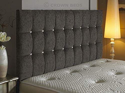 CROWNBEDSUK Omega diamante chenille headboard in 2ft6,3tf,4ft,4ft6,5ft,6ft (5FT KINGSIZE, Grey) CROWNBEDSUK