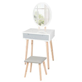 ARTETHYS Dressing Table Set with LED Lights Mirror, Vanity Makeup Table Set with Adjustable Brightness Mirror, 1 Drawer, Cushioned Stool and Free Make-up Organizer, White Grey, Oval ARTETHYS