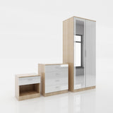 ELEGANT High Gloss Mirrored Wardrobe Set 2 Doors Wardrobe with Mirror and 4 Drawer Chest and Bedside Cabinet, White/Oak ELEGANT
