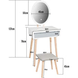 ARTETHYS Dressing Table Set with LED Lights Mirror, Vanity Makeup Table Set with Adjustable Brightness Mirror, 1 Drawer, Cushioned Stool and Free Make-up Organizer, White Grey, Oval ARTETHYS