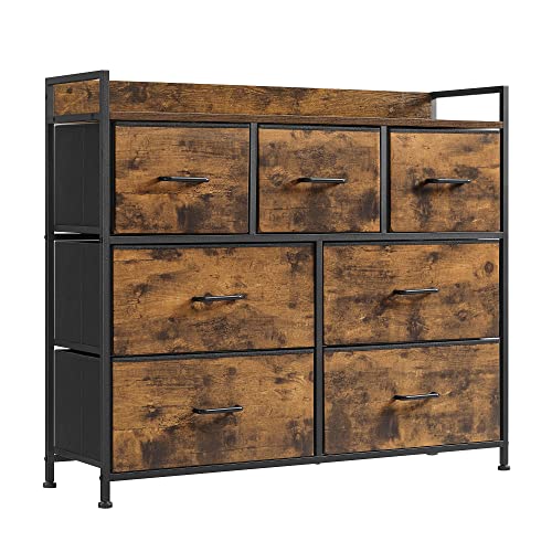 SONGMICS Chest of Drawers, Bedroom Cabinet, 7 Fabric Drawers with Handles, Metal Frame, Rustic Brown and Ink Black LTS137B01 SONGMICS