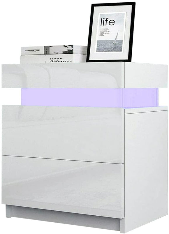 TUKAILAi Bedside Table with LED Light, 2 Drawers and High Gloss Nightstand Bedside Cabinet Table for Bedroom Living Room TUKAILAi