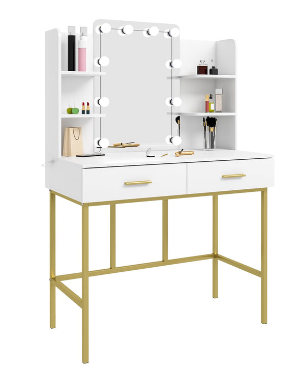 WOLTU Dressing Table with LED Lights, Mirrored Vanity Table with Shelves and 2 Drawers, Modern Makeup Table in MDF and Metal, Bedroom Furniture, 90x45x136cm, White + Gold, MB6077ws WOLTU