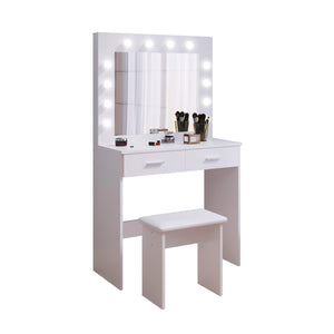 Jooli H White Dressing Table Set with Hollywood LED Lights Mirror, Vanity Makeup Table 2 Large Drawers and Stool Jooli H