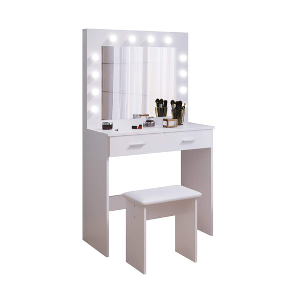 Jooli H White Dressing Table Set with Hollywood LED Lights Mirror, Vanity Makeup Table 2 Large Drawers and Stool Jooli H