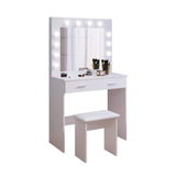 Jooli H White Dressing Table Set with Hollywood LED Lights Mirror, Vanity Makeup Table 2 Large Drawers and Stool Jooli H