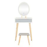ARTETHYS Dressing Table Set with LED Lights Mirror, Vanity Makeup Table Set with Adjustable Brightness Mirror, 1 Drawer, Cushioned Stool and Free Make-up Organizer, White Grey, Oval ARTETHYS