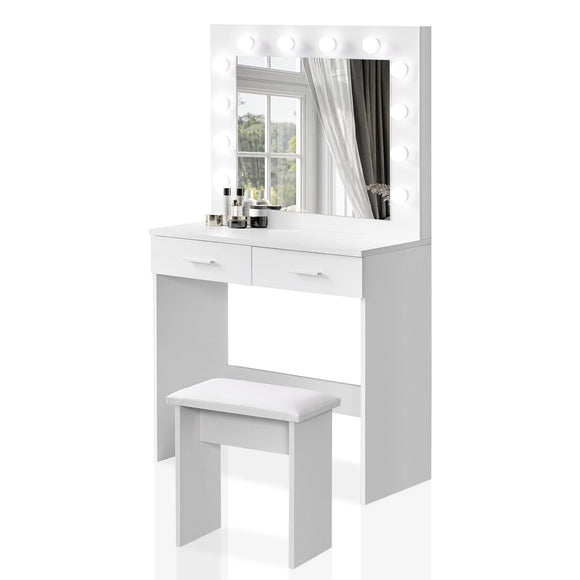 TUKAILAi White Dressing Table Set with Hollywood LED Lights, Mirror, 2 Large Drawers and Stool Vanity Makeup Table with Adjustable 3 Color LED Lights for Bedroom Girl Women TUKAILAi