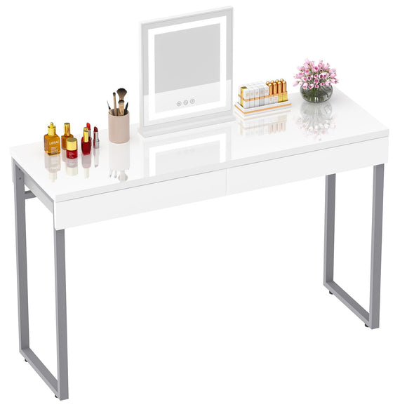 GreenForest Dressing Table with 2 Drawers Glossy White 100 x 40 cm Home Office Computer Desk Makeup Vanity Console Table with Metal Silver Legs for Small Spaces Bedroom Furniture No Mirror,Silver GreenForest