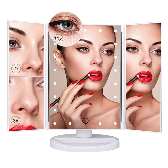 Nestling Vanity Cosmetic/ Makeup Mirror with 22 LED Lights, Touch Screen, Magnification Tri-Fold 2X 3X Magnifying, 180° Free Rotation, Dual Power Supply (White) Nestling