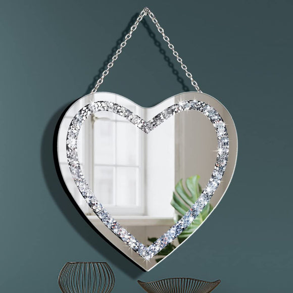 DMDFIRST Crystal Crush Diamond Heart Shaped Silver Mirror with Silver Stainless Steel Chain for Wall Decoration 12x12x0.5 inch Wall Hang Frameless Mirror Glass Diamond Decor Glam Mirror DMDFIRST