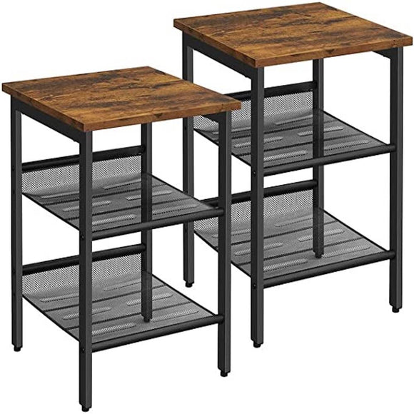 VASAGLE Side Table Set, Nightstand, Industrial Set of 2 Bedside Tables, with Adjustable Mesh Shelves, Living Room, Bedroom, Hallway, Office, Stable, Rustic Brown and Black LET24X VASAGLE