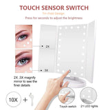 Nestling Vanity Cosmetic/ Makeup Mirror with 22 LED Lights, Touch Screen, Magnification Tri-Fold 2X 3X Magnifying, 180° Free Rotation, Dual Power Supply (White) Nestling