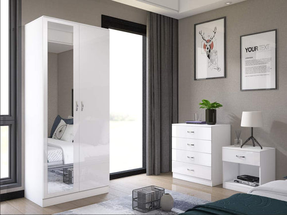 Harmin Mirrored High Gloss 3 Piece Bedroom Furniture Set - Soft Close Wardrobe, 4 Drawer Chest, Bedside Cabinet (White on White) Harmin