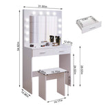 Jooli H White Dressing Table Set with Hollywood LED Lights Mirror, Vanity Makeup Table 2 Large Drawers and Stool Jooli H