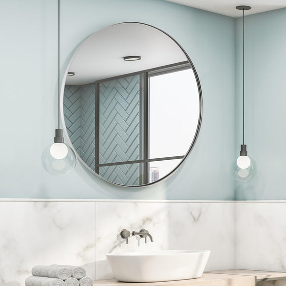 ANDY STAR Round Bathroom Mirror, 24’’ Polished Chrome Round Bathroom Mirrors in Stainless Steel Metal Frame 1