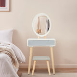 ARTETHYS Dressing Table Set with LED Lights Mirror, Vanity Makeup Table Set with Adjustable Brightness Mirror, 1 Drawer, Cushioned Stool and Free Make-up Organizer, White Grey, Oval ARTETHYS