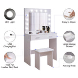 Jooli H White Dressing Table Set with Hollywood LED Lights Mirror, Vanity Makeup Table 2 Large Drawers and Stool Jooli H