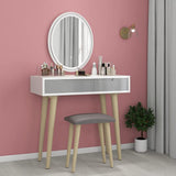 YOURLITE Dressing Table with LED Lights Mirror - White Vanity Makeup Table Set with Adjustable Brightness Mirror, Cushioned Stool and Free Make-up Organizer (White+Grey+Oval Mirror) YOURLITE