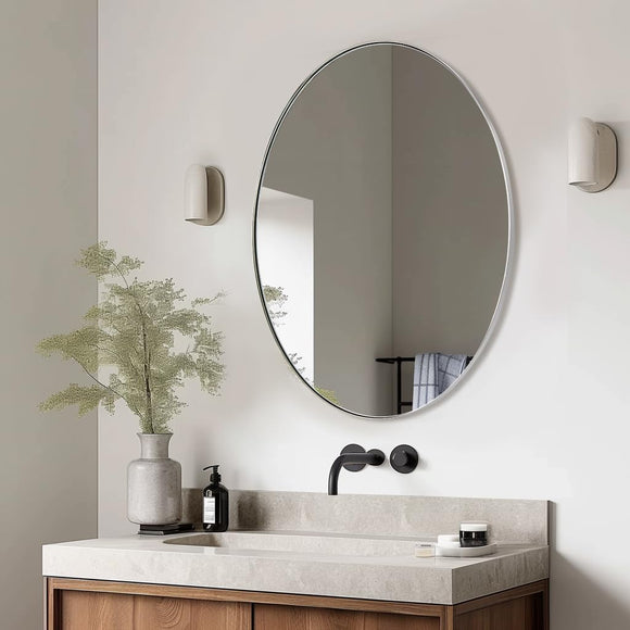 ANDY STAR Chrome Bathroom Mirror, 24x32'' Polished Chrome Oval Wall Mirror for Bathroom, Modern Chrome Vanity Mirror Pill Shaped Metal Mirror Stainless Steel Frame Wall Mount Horizontal or Vertical ANDY STAR