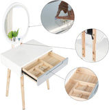 ARTETHYS Dressing Table Set with LED Lights Mirror, Vanity Makeup Table Set with Adjustable Brightness Mirror, 1 Drawer, Cushioned Stool and Free Make-up Organizer, White Grey, Oval ARTETHYS
