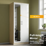 ELEGANT High Gloss Mirrored Wardrobe Set 2 Doors Wardrobe with Mirror and 4 Drawer Chest and Bedside Cabinet, White/Oak ELEGANT