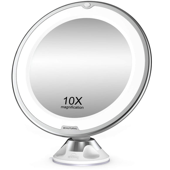 BEAUTURAL Makeup Mirror, 10X Magnifying Lighted Vanity Daylight White LED, Portable Illuminated Bathroom Mirror, 360 Degree Swivel Rotation and Locking Suction BEAUTURAL
