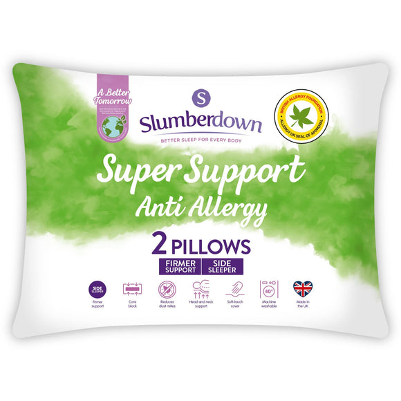 Slumberdown Anti Allergy Super Support Pillows 2 Pack - Firm Support Side Sleeper Pillows for Neck and Shoulder Pain Relief - Supportive, Hypoallergenic, UK Standard Size (48cm x 74cm) Slumberdown