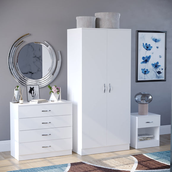 Vida Designs Riano 3 Piece Bedroom Furniture Set, 2 Door Wardrobe, 4 Drawer Chest Of Drawer and 1 Drawer Bedside Cabinet (White) Vida Designs