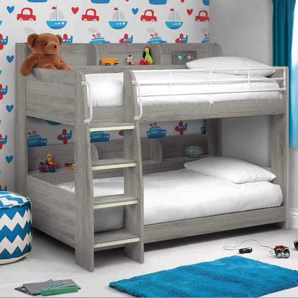 happybeds Domino Grey Oak Wooden and Metal Kids Bunk Bed with Storage Shelves Frame Only 3' Single 90 x 190 cm happybeds