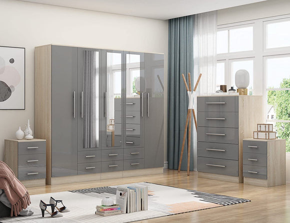 Unique Furnishings Gloss GREY Large Wardrobe - 5 Door 6 Drawers & Mirrors + Chest Of Drawers + 2 x Bedsides Unique Furnishings