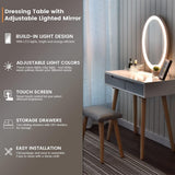 YOURLITE Dressing Table with LED Lights Mirror - White Vanity Makeup Table Set with Adjustable Brightness Mirror, Cushioned Stool and Free Make-up Organizer (White+Grey+Oval Mirror) YOURLITE