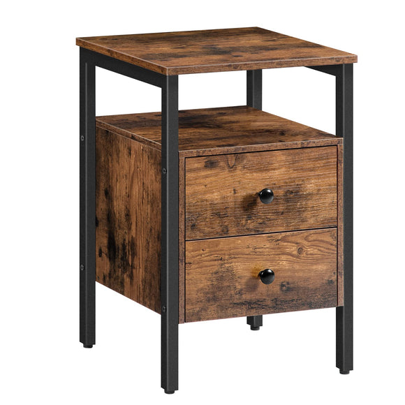 HOOBRO Bedside Table with 2 Drawers, Industrial Sofa Side End Table, Nightstand, End Table with Storage Shelves, for Living Room, Bedroom, Accent Furniture, Easy Assembly, Rustic Brown EBF43BZ01G2 HOOBRO