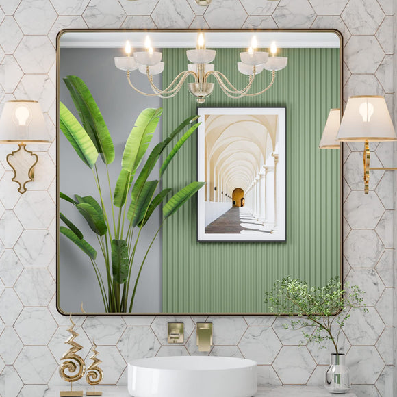 LOAAO 36”X36” Bronze Bathroom Mirrors for Vanity, Rounded Rectangle Brushed Bronze Metal Frame Mirror, Anti-Rust, Tempered Glass, Hangs Horizontally or Vertically LOAAO