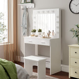 Jooli H White Dressing Table Set with Hollywood LED Lights Mirror, Vanity Makeup Table 2 Large Drawers and Stool Jooli H